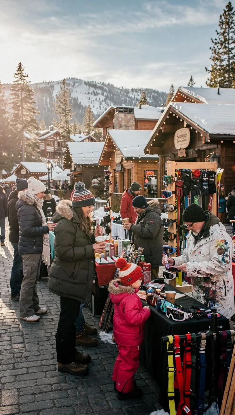 Групповое фото лыжников на фоне горнолыжного курорта с солнечным небом.