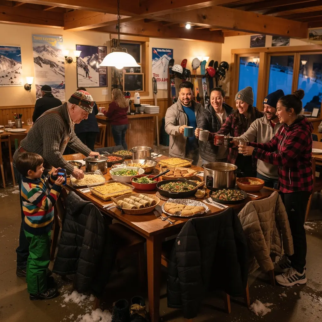 Лыжное снаряжение, аккуратно уложенное на снегу перед началом спуска.