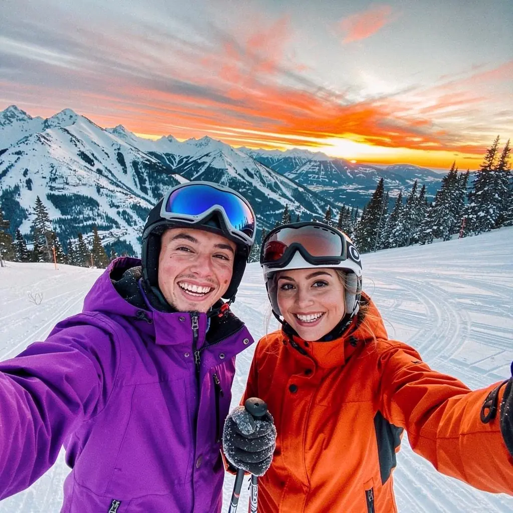 Заснеженные горные склоны с лыжниками, наслаждающимися зимними пейзажами.