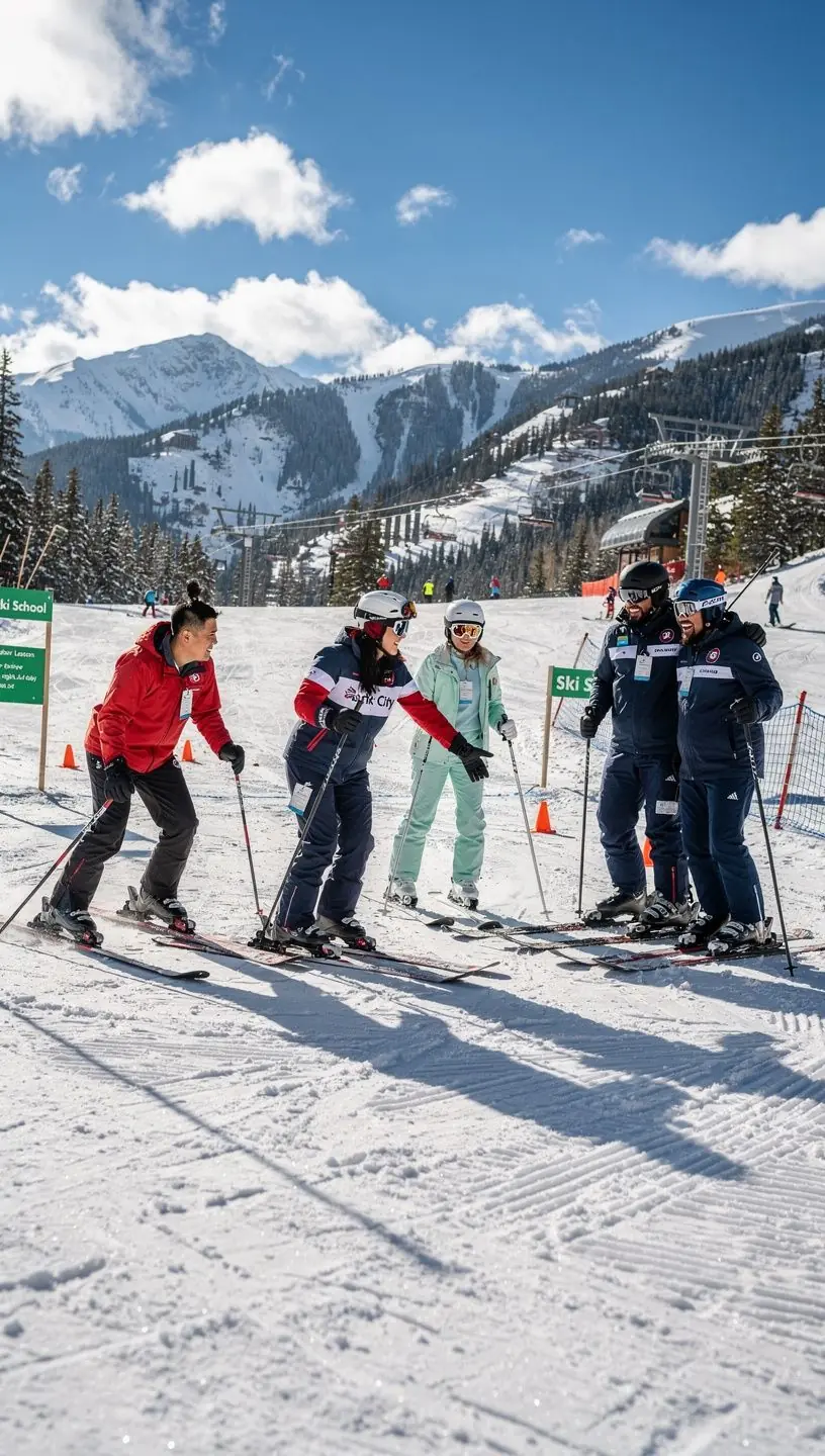 Заснеженные горные склоны с лыжниками, наслаждающимися зимними развлечениями.