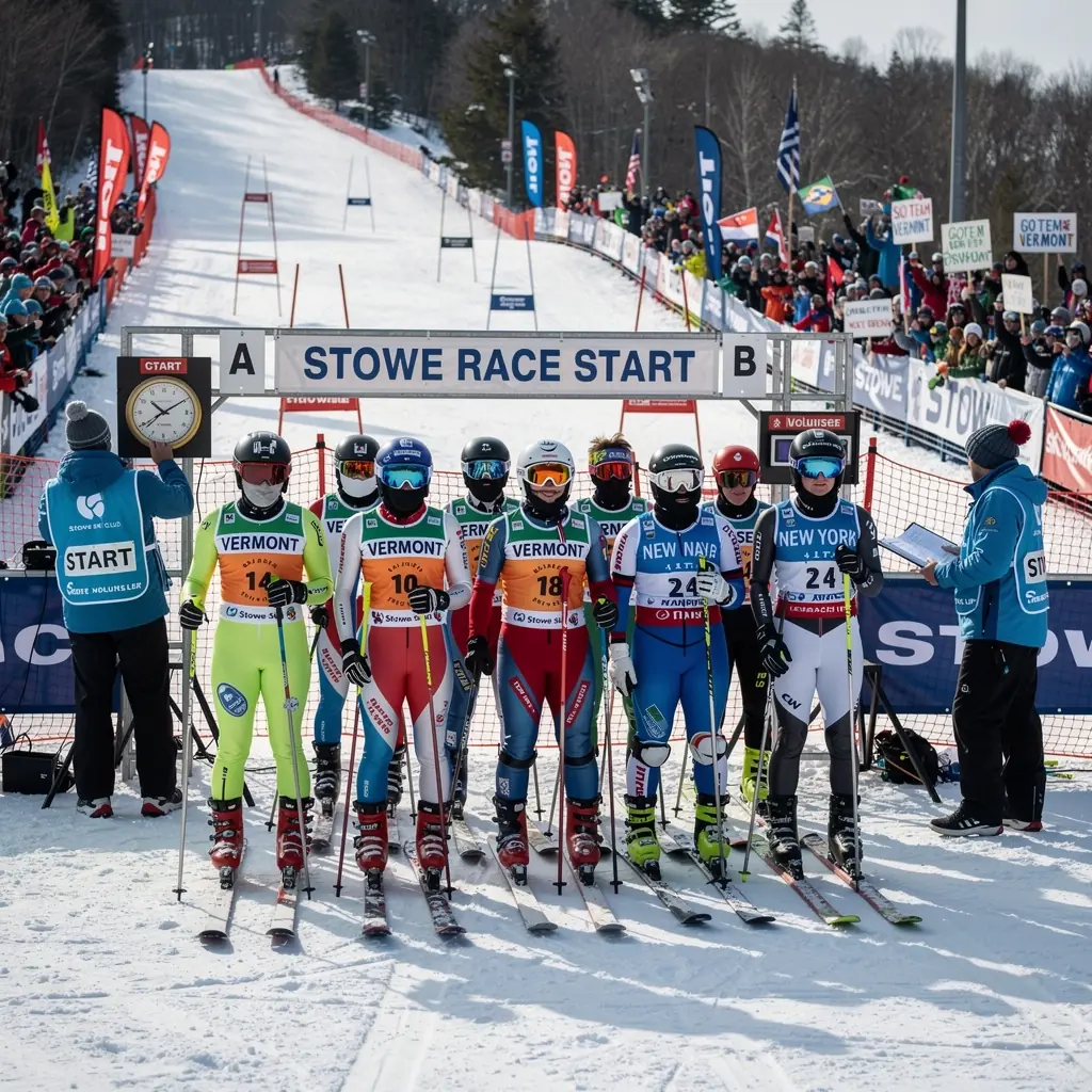 Зимний пейзаж с заснеженными горами и лыжниками, спускающимися по склону.