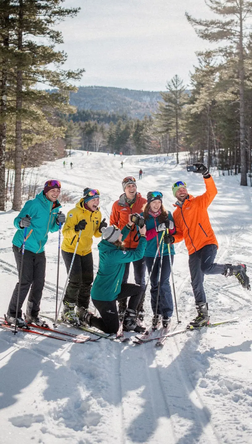 Профессиональный инструктор обучает новичков основам катания на лыжах.