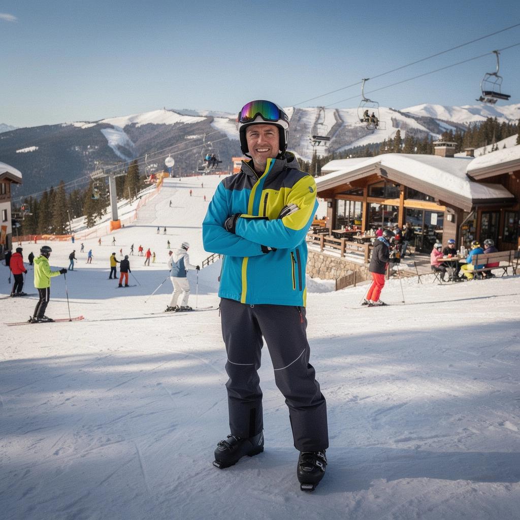 Панорамный вид на зимний горнолыжный курорт с заснеженными деревьями.